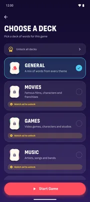Deck picker with the free General deck and the themed decks
