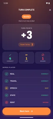 Turn summary with points and the words played